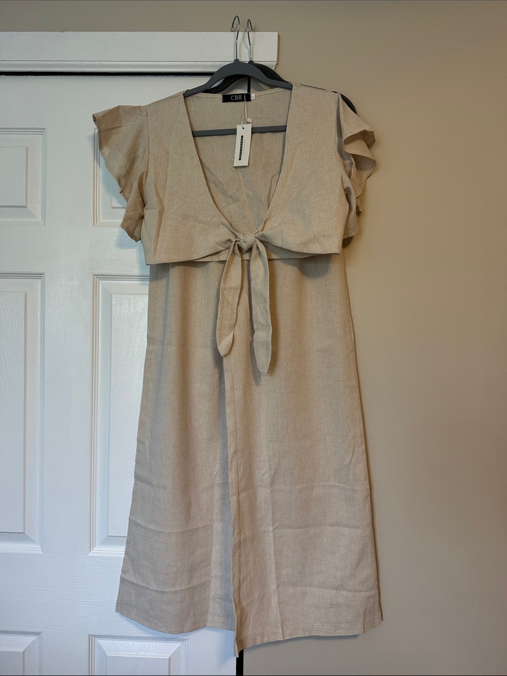 CBR Neutral Beige 2 Piece Set - Tie-Frint Crop Too Flutter Sleeves and Pants
